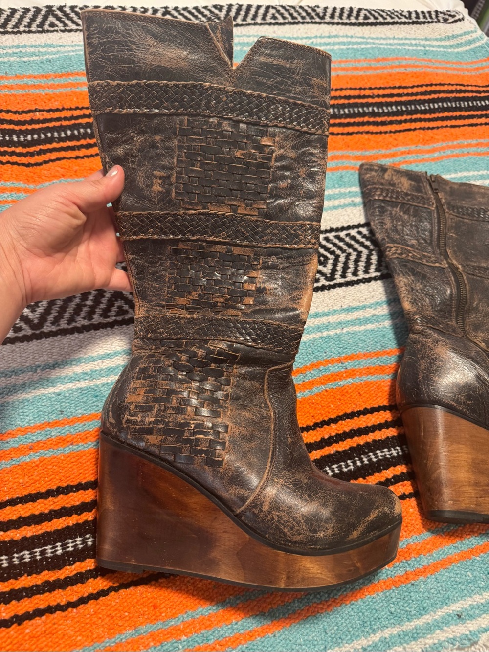 Bed Stu Distressed Leather & Wood Wedge Platform Boots